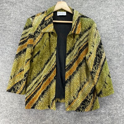 Petite Focus Blazer Women 14P Petite Green Striped Collared Open Front Casual