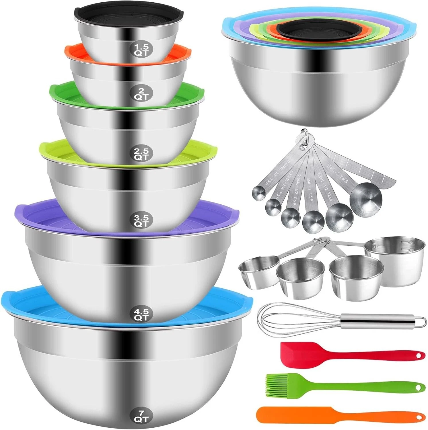 27PCS Colorful Mixing Bowls Stainless Steel w/Lids set Measuring Cups and Spoons