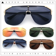 Oversized Shield Rectangular Rimless Metal Frame Racer Sunglasses