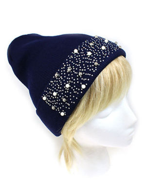 New Fashion Blue Beanie with Rhinestone Accent Pearl Chic  display picture 3