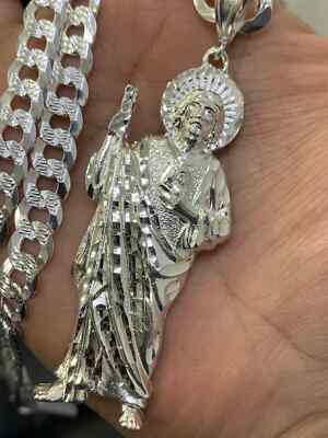 925 Sterling Silver St Jude Religious Silver Medal Pendant Charm San Judas Set