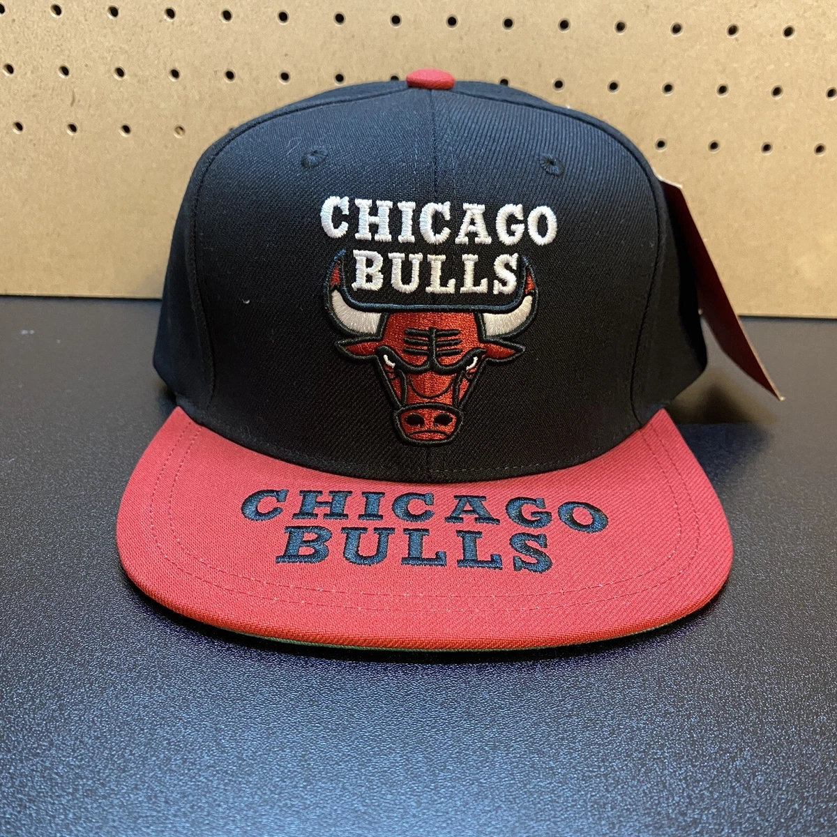 Mitchell & Ness Chicago Bulls Snapback Hat Cap White/Red/Black Letter & Red Logo
