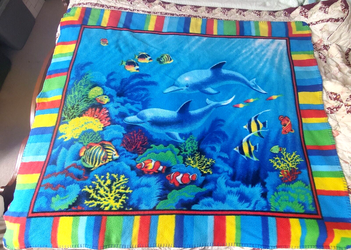 Vtg Dolphin Under Water Ocean Life Pattern Throw Blanket Rainbow