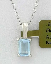 GENUINE 1.10 Cts AQUAMARINE PENDANT NECKLACE  .925 STERLING SILVER -New With Tag
