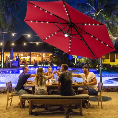 10FT Patio Umbrella W/ 28 LED Lights u0026amp; Hub Light Wine-Red | eBay