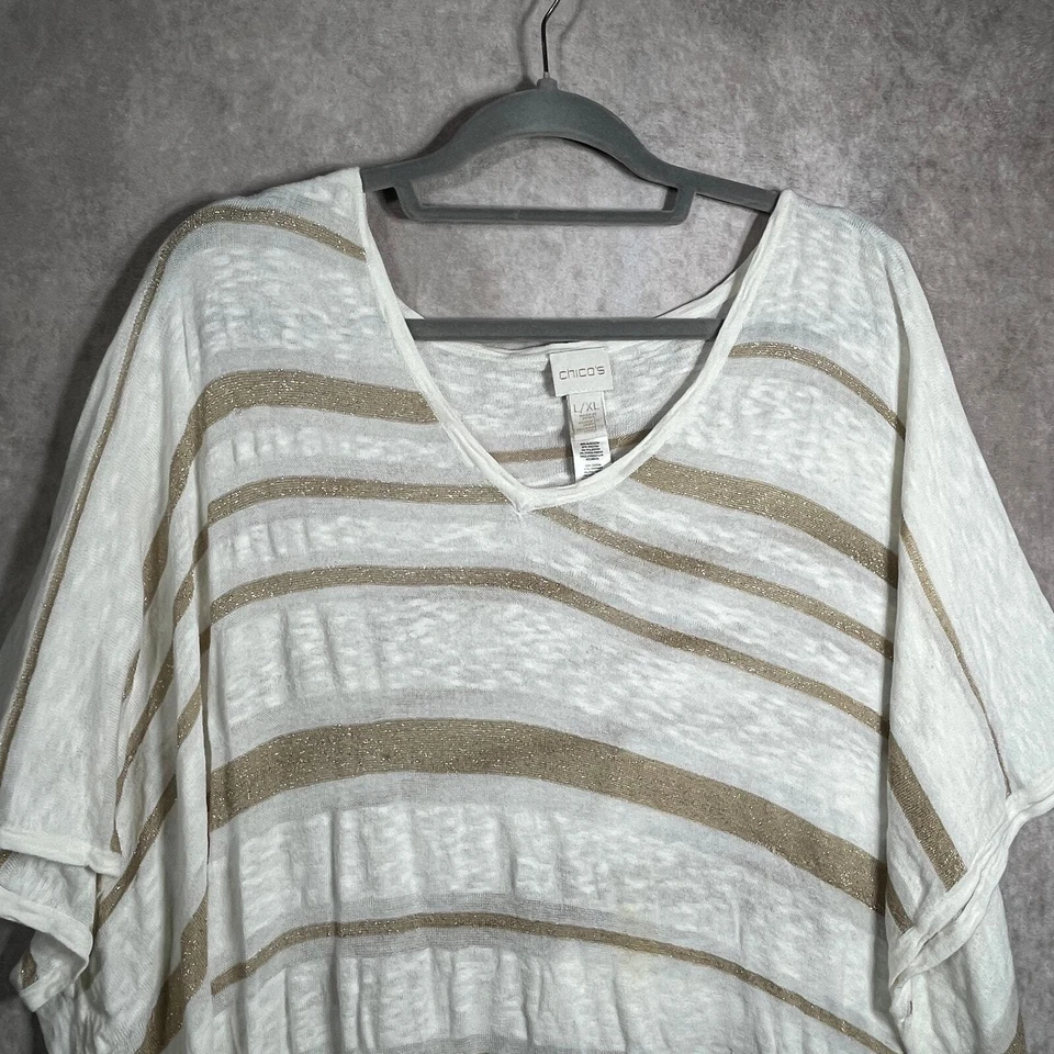 Chico's Tunic Top Womens Size L/XL Cream Striped Metallic Fringe Hem Casual - Image 2 of 4