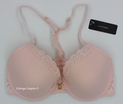 NWT Natori 735023  ''Feathers'' Front Close, Racerback T-Back Mesh Bra, Sheer Pink