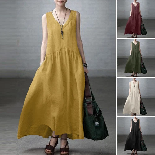 Maxi vestidos retro de playa de lino de algodón informales con cuello en V lisos para mujer - Imagen 1 de 28