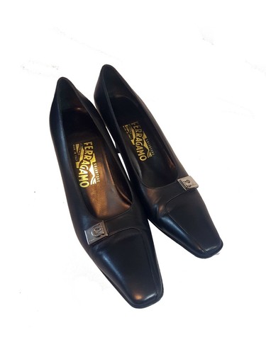 Salvatore Ferragamo Black Leather Block-Heel Pumps, Size:UK 7/IT40