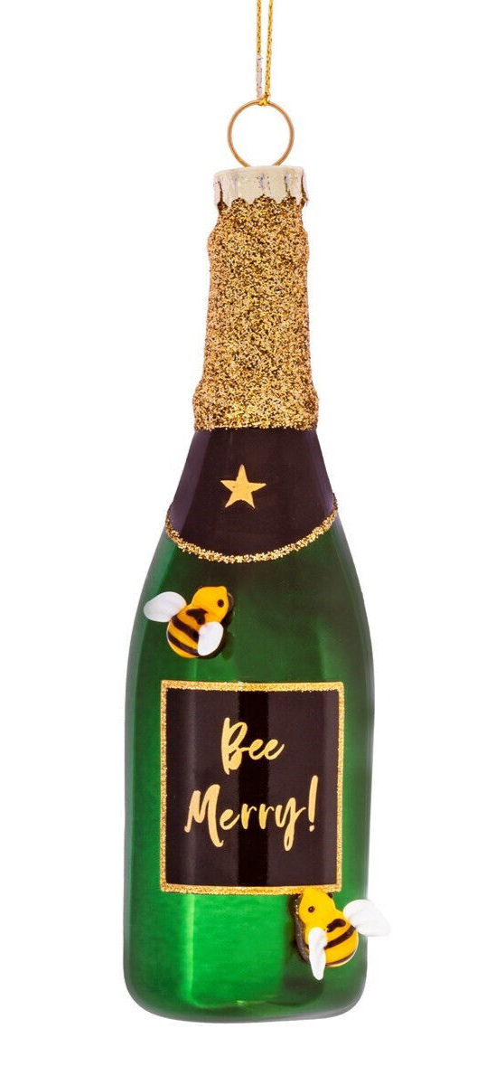 Sass & Belle Bee Merry Champagne Bottle Shape Glass Bauble Xmas Tree Decoration
