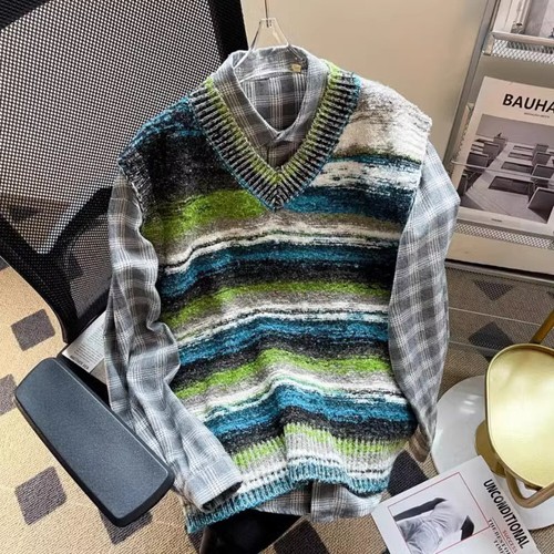 Hombres Mujeres Chaleco Tejido Camisetas sin Mangas Retro Pullover Chaleco Chaleco Rayas Cuello en V - Imagen 11 de 11