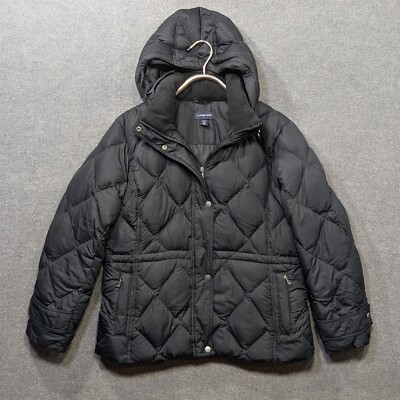 Lands End Down Puffer Coat Womens Large Jacket Hooded Faux Fur Diamond  Black