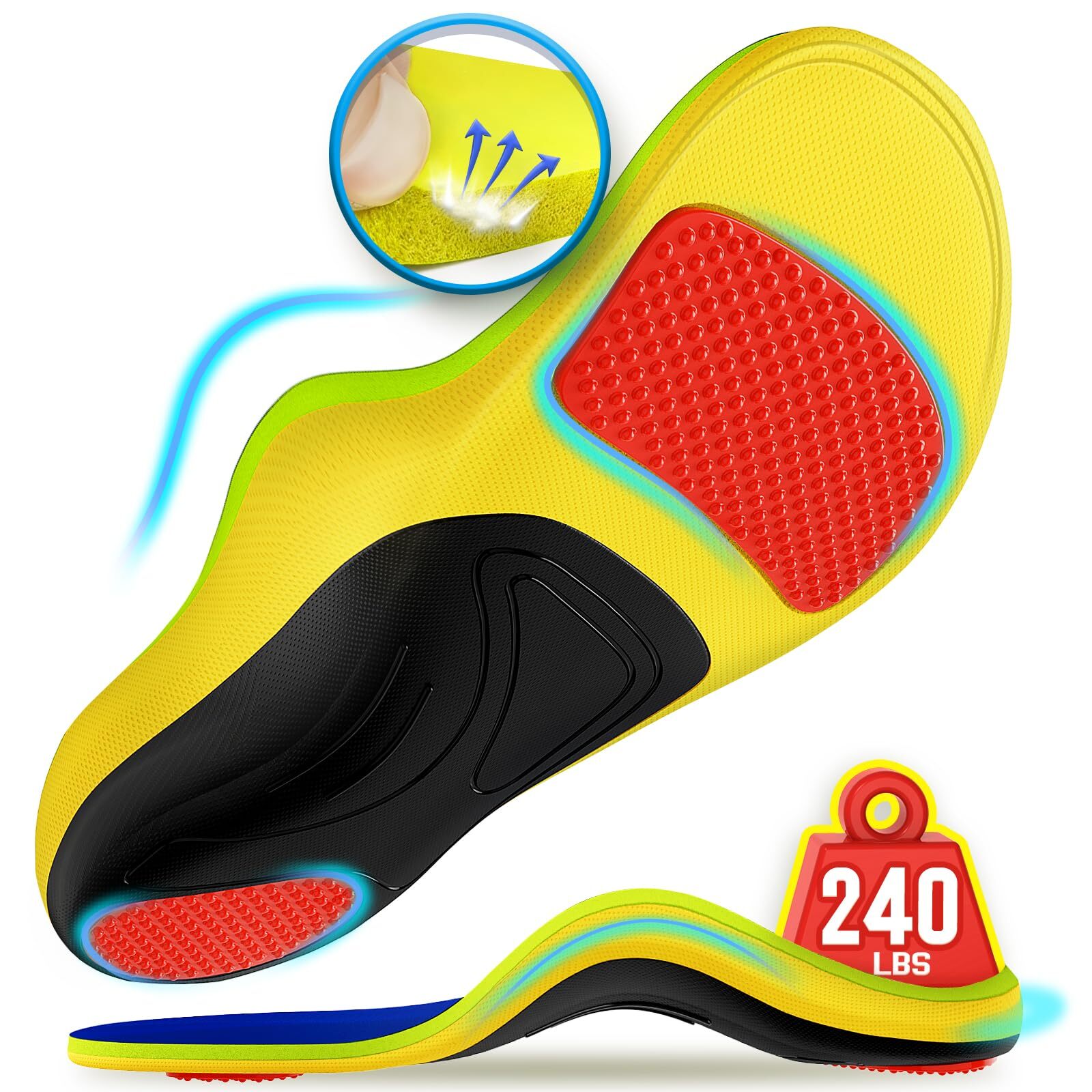 NEUPU 240+lbs Plantar Fasciitis Insoles Men Women 100% Memory Foam Comfort He...