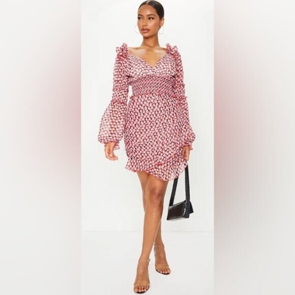 PrettyLittleThing Women's Red Floral Print Frill Detail Tea Dress, Size 10  | eBay