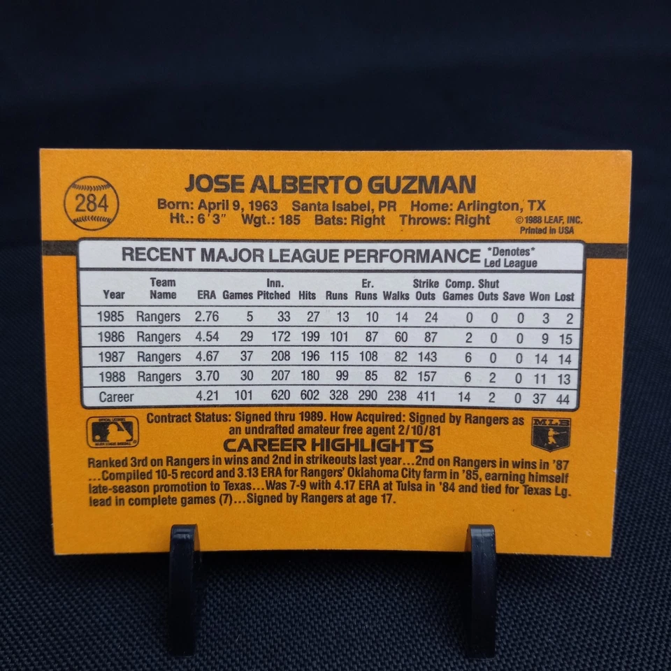 1989 Donruss Baseball Card Jose Guzman Texas Rangers #284 (1A650) - Image 2 of 3