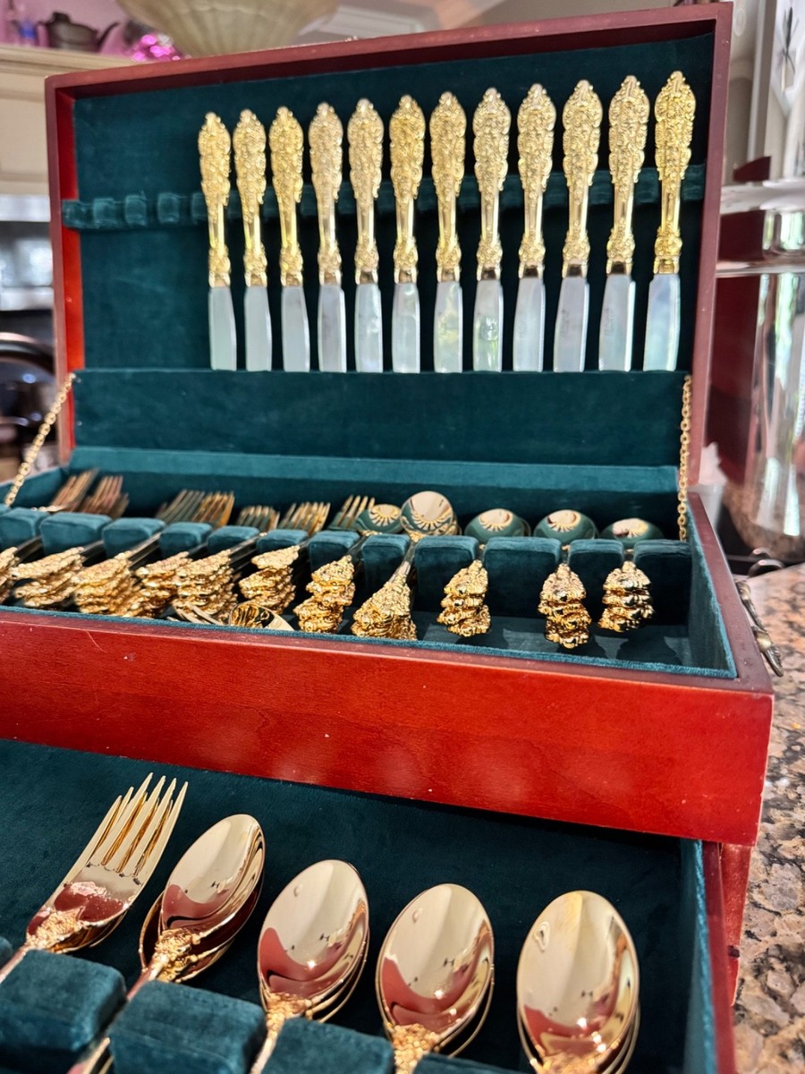F.B Rogers 90 Pc Gold Plated Flatware Set in Wallace Wood Cherry