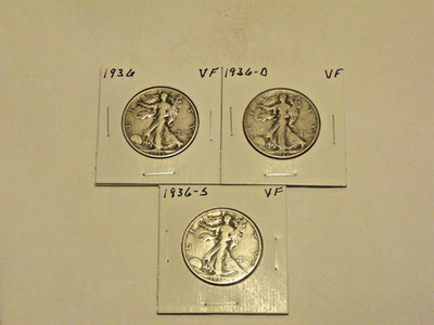SILVER 1936-P-D-S  Silver Walking Liberty Half Dollars (3 coins)  VF condition