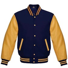 Men's Varsity Bomber Jacket Baseball Letterman College Wool Body Leather Sleeves