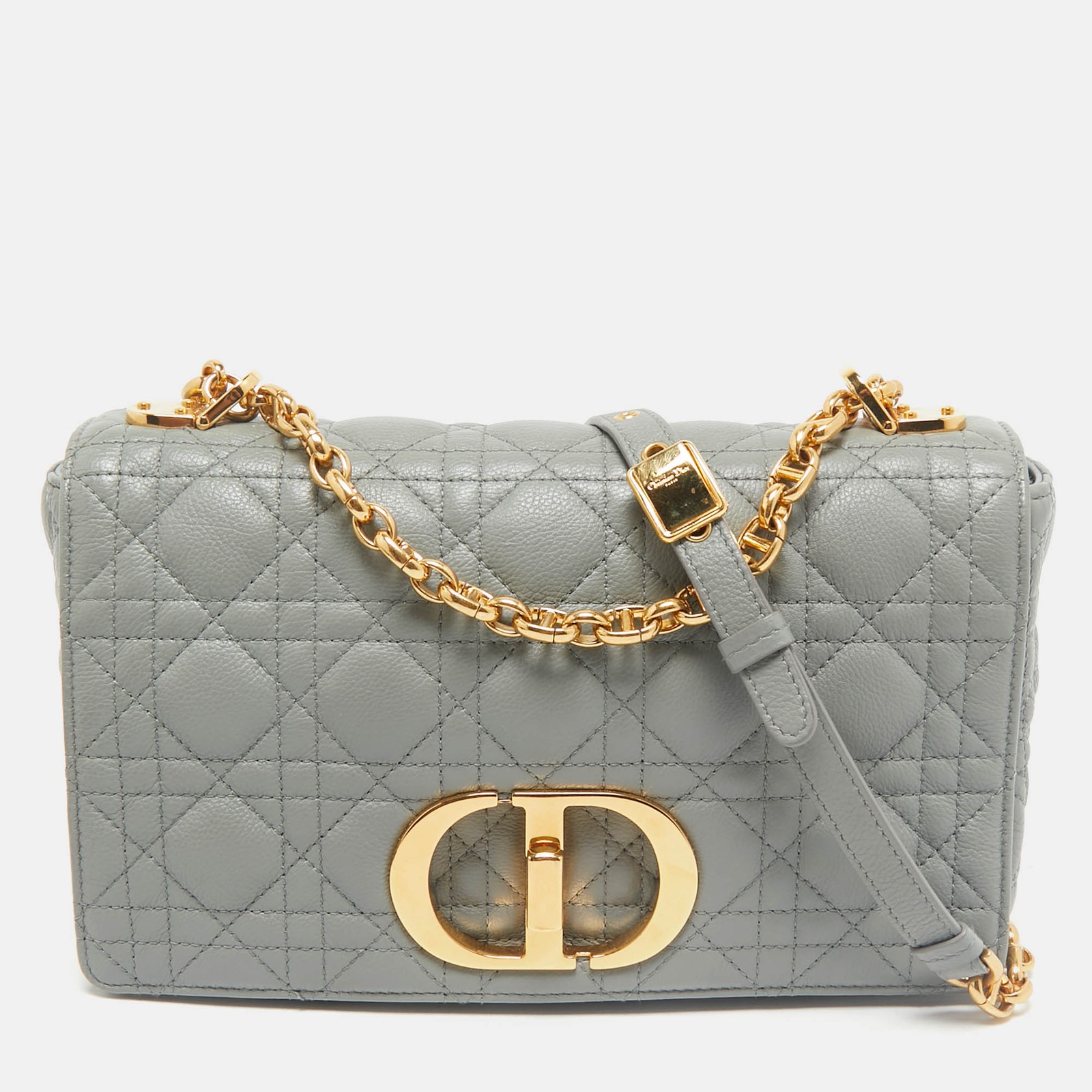 Dior Grey Cannage Leather Medium Caro Shoulder Bag with Gold Accents  