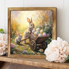 Happy Easter Wooden Plaque Floral Bunny Art Accent For Easter Table Decoration
