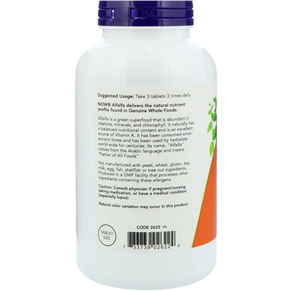 Now Foods Alfafa 650 mg 500 Comprimidos GMP Qualidade Garantida, Vegano, Vegetariano - Imagem 3 de 3