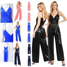 US Women Bodysuit Reflective Surface Jumpsuit Back V Cut Romper Shiny One Piece