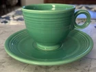 Fiestaware Medium Green Cup w/Ring Handle & Saucer, Art Deco, Early Backstamp