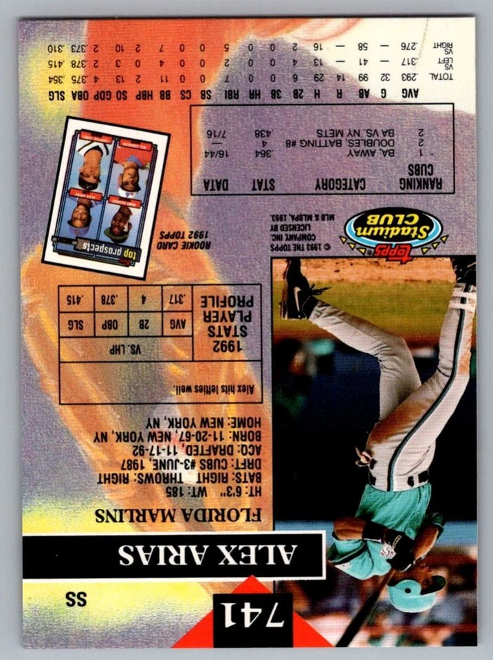 1993 Stadium Club Alex Arias Florida Marlins #741 - Image 2 of 2