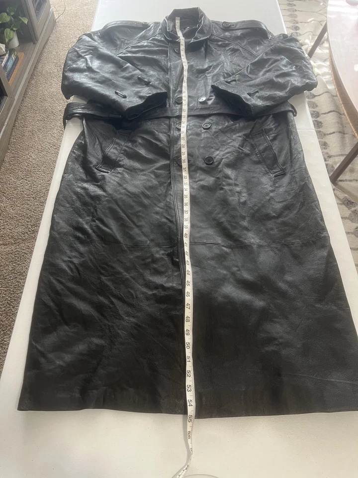 Phase Two Leather Jacket Mens XL Tall Black Lined Button Cinch Long Trench Coat - Image 3 of 4