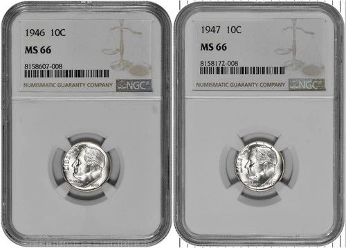 1946 + 1947 10C Silver Roosevelt Dime NGC Graded MS 66 Two Coin Lot