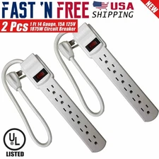 2x 1 FT 6 Outlets Safety Circuit Breaker Angle Plug AC Wall Power Strip (White)