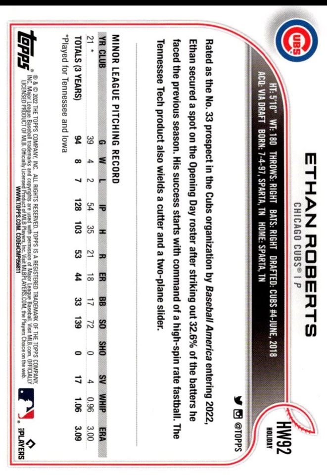 2022 Topps Ethan Roberts Rookie Chicago Cubs #259 - Image 2 of 2