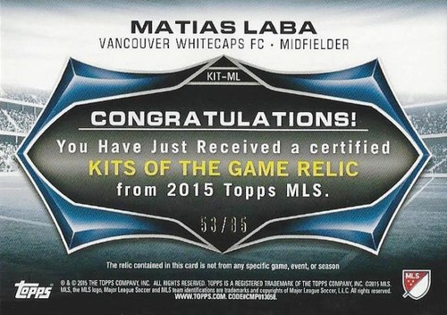 2015 Topps Major League Soccer 'MLS Kits of the Game Relic Card' Numbered to /85 - Picture 32 of 38