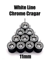 5x White Line Chrome Cragar 11/11mm Wheels w/ Rubber Tires for 1/64 H0T Wheelz