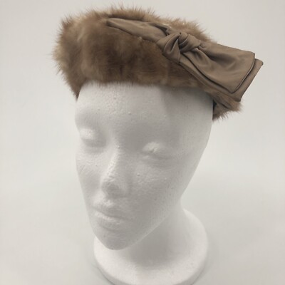 Vintage del Rogia Atlanta Georgia Fur Hat Beret Brown Satin Bow Lined Costume 8''