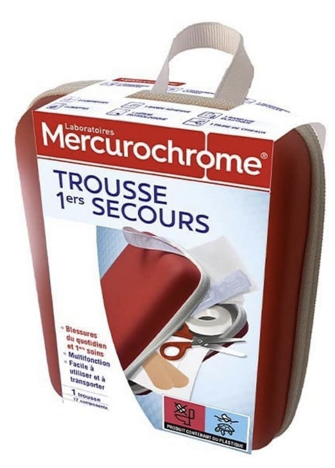 Trousse premiers secours Mercurochrome rouge en nylon avec 34 pièces indispensables pour la famille