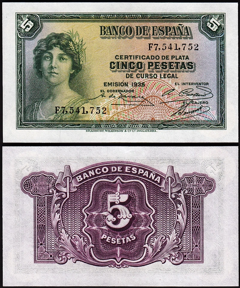 Espanha Espanha 5 pesetas 1935 1936, UNC, 5 peças LOTE, consecutivo, P-85a, prefixo F - Imagem 2 de 4