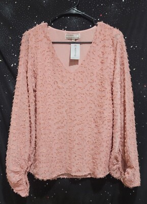 NWT Flying Tomato Mauve V Neck Textured Blouse Size S bubble sleeves 