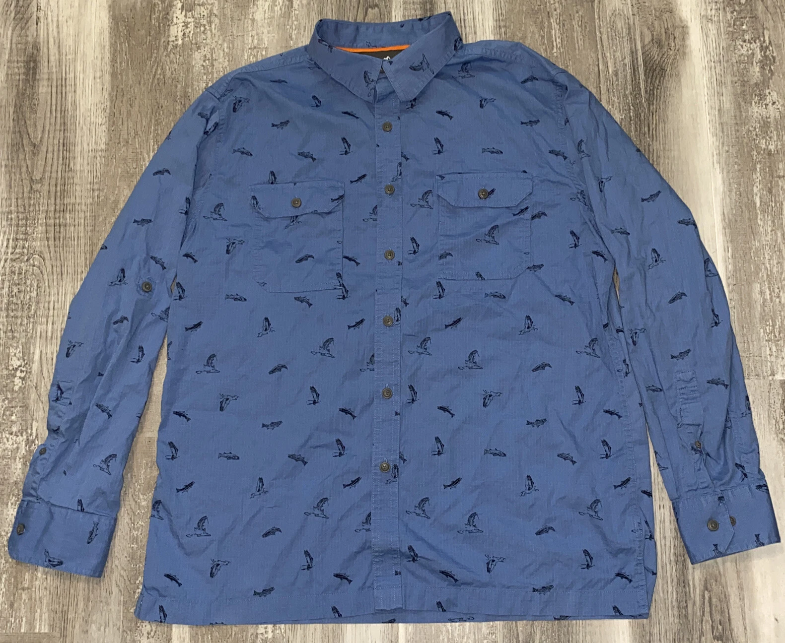 Croft & Barrow Quick Dry Shirt Blue Fish Long Sleeve Shirt Mens Large Vented