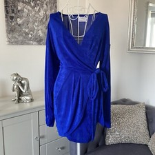 Electric Blue Slinky V-Neck Wrap Long Balloon Sleeve Drape Detail Mini Dress 6