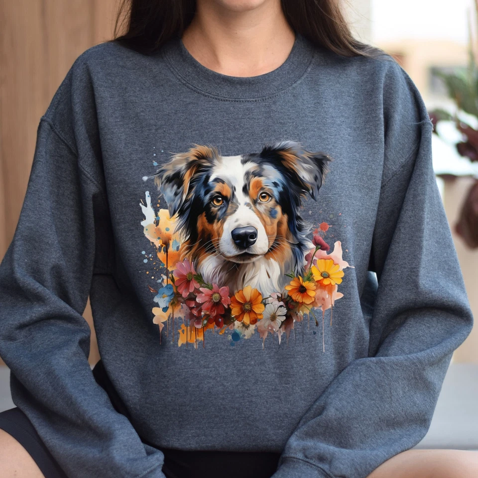 Sudadera Unisex Pastor Australiano Color Floral Splash Negra Azul Marino Oscuro Heathe Foto 3 de 4