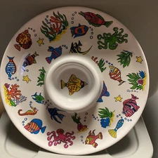Chip and Dip Serving Tray Hard Plastic Under The Sea Fun With Fish, Octopus Etc