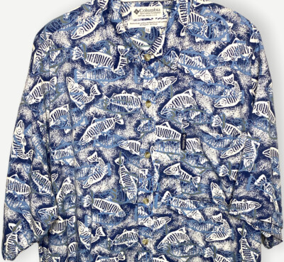 RARE Vintage Columbia Logo Fish Print Button Down Shirt Blue White