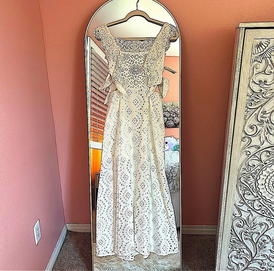 Camisón romántico Cottagecore Boho blanco ojales delantal vestido con recortes en la cintura Foto 4 de 4