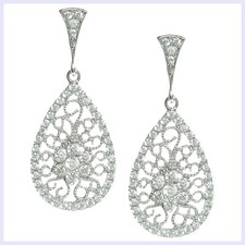 925 Sterling Silver Teardrop Filigree Flower Clear CZ Chandelier Earring Stud