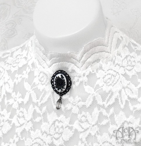 Gothic Black White ROSE CAMEO NECKLACE BROOCH Victorian Pendant Pin Gunmetal - Picture 5 of 5