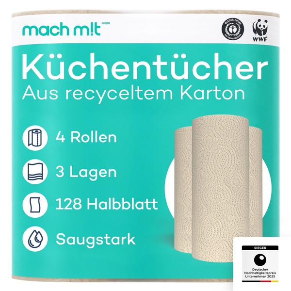 4 X KüChenrolle 3-Lagig - 128 Blatt Pro Rolle - Ungebleicht - Machm!T-image