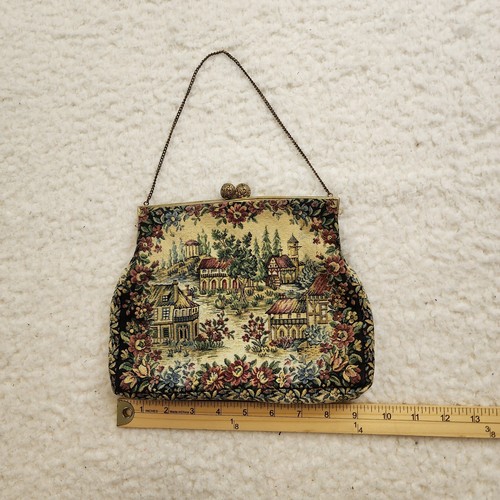 Vintage Walborg Tapestry Linen Blend Handbag Purse Gold Kiss Lock Cocktail - Picture 2 of 8