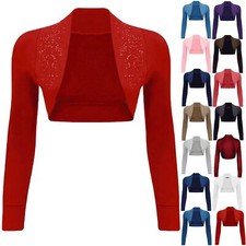 Womens Ladies Beaded Long Sleeve Short Crop Shrug Bolero Cardigan Top Size 8-14