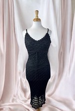 Black Crochet Beaded Slip Dress Glam Cut Out Gothic Fairycore Formal Y2K Size M